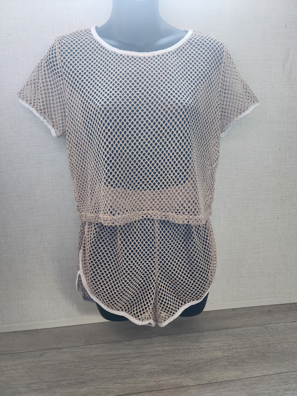 Sheer Mesh Short Sleeve Romper - Beige
